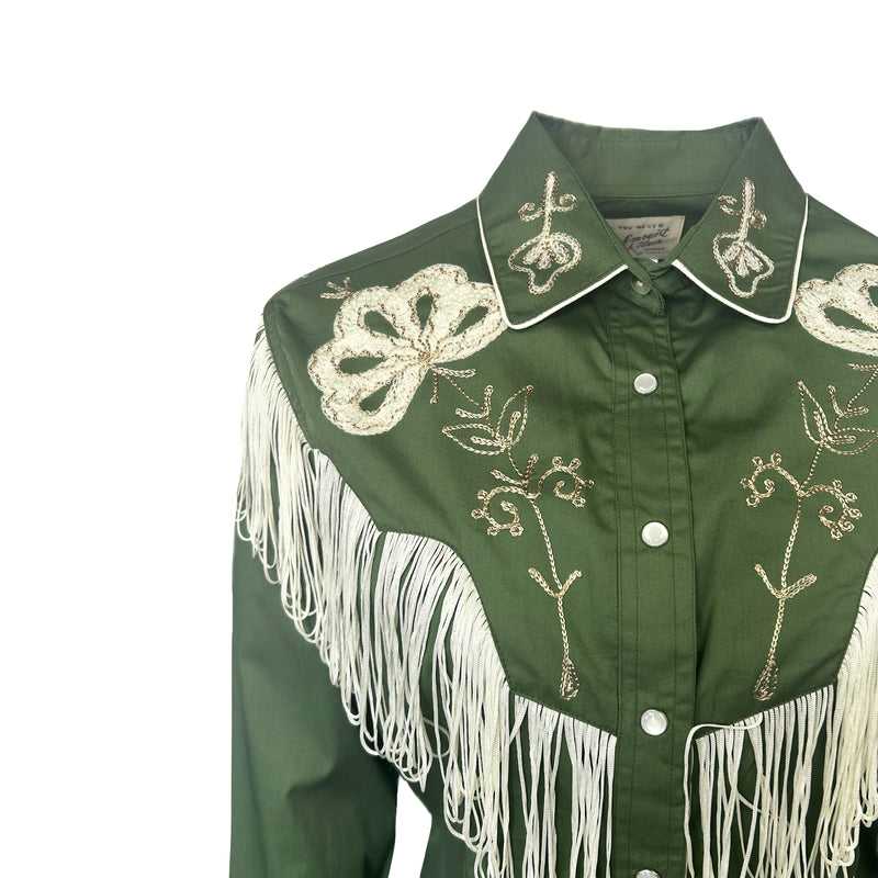 Women's Vintage Green Fringe Embroidered Western Shirt