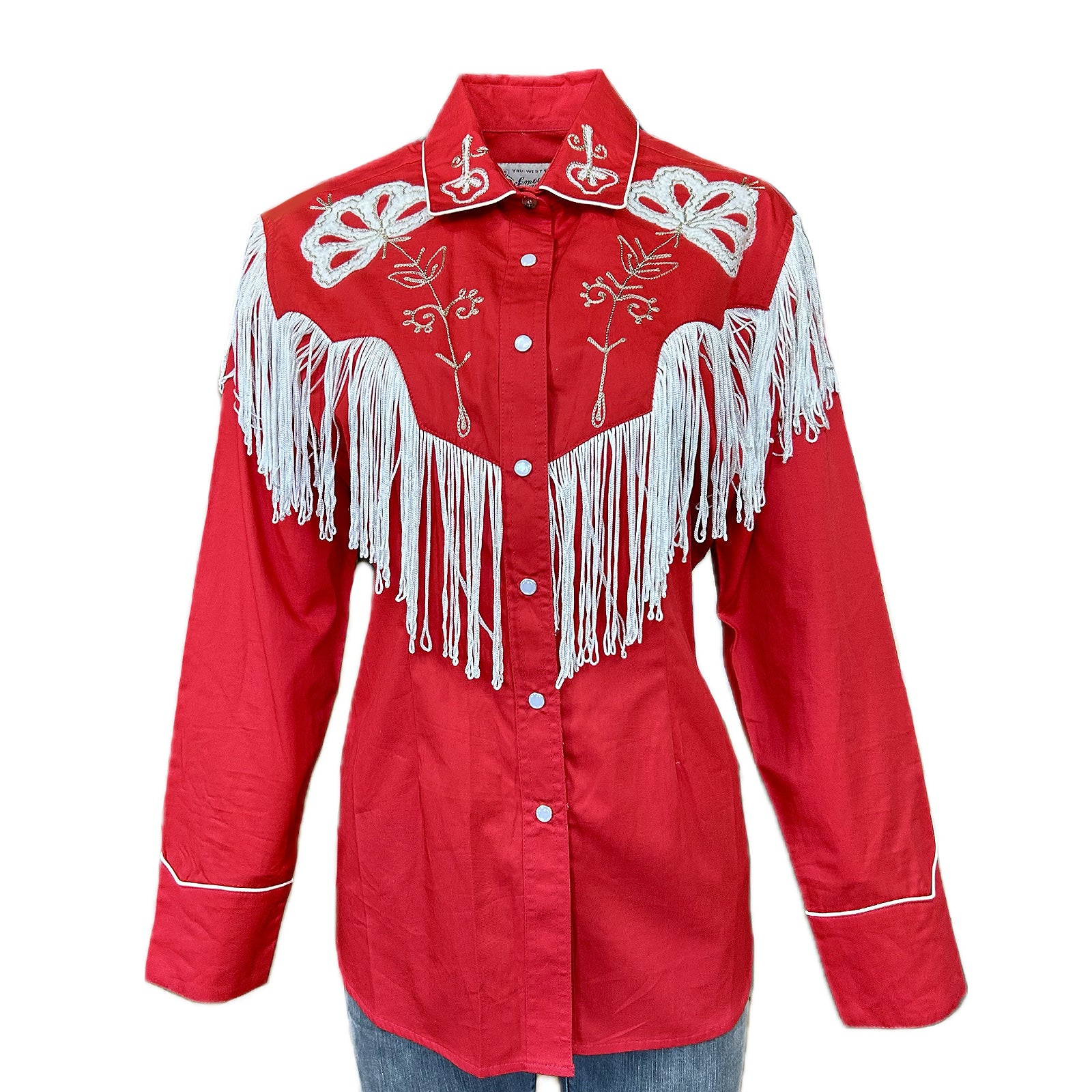 Women's Vintage Fringe Red Embroidered Western Shirt - S