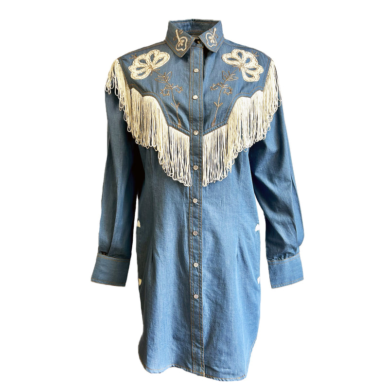 Women's Vintage Fringe Denim Embroidered Western Dress