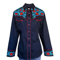 Women's Vintage Floral Embroidery Black Western Shirt