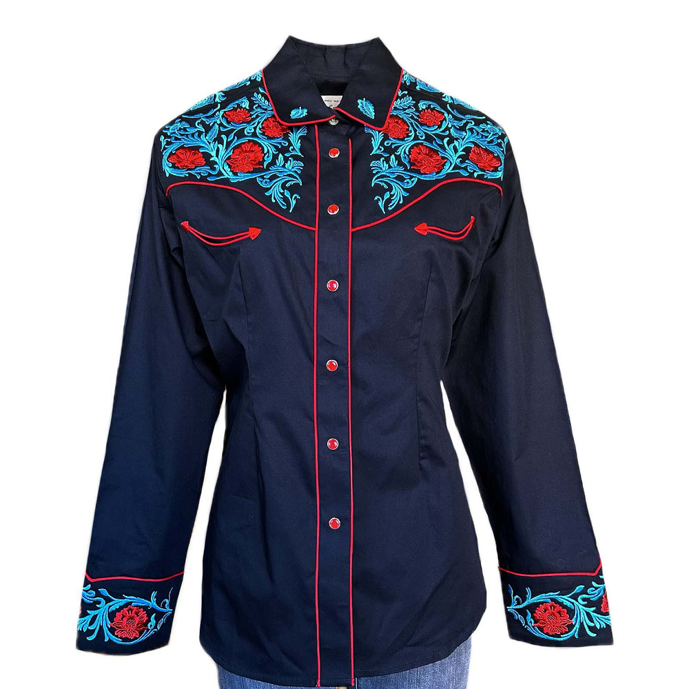 Rockmount Men’s Black Vintage Shirt with Red Floral & Turquoise Embroidery