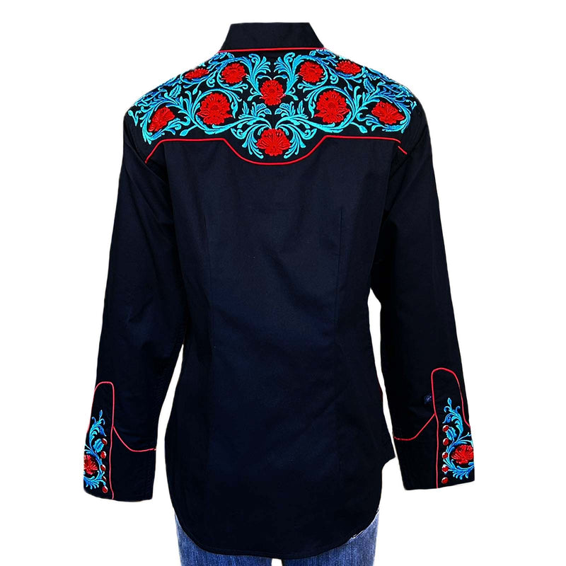 Women's Vintage Floral Embroidered Black Western Shirt