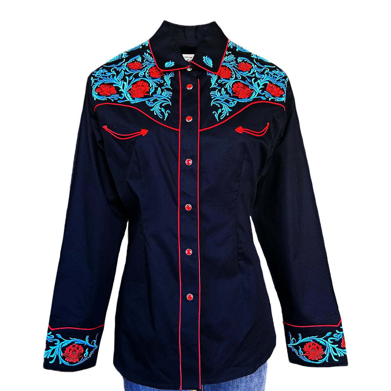 Women's Vintage Floral Embroidered Black Western Shirt