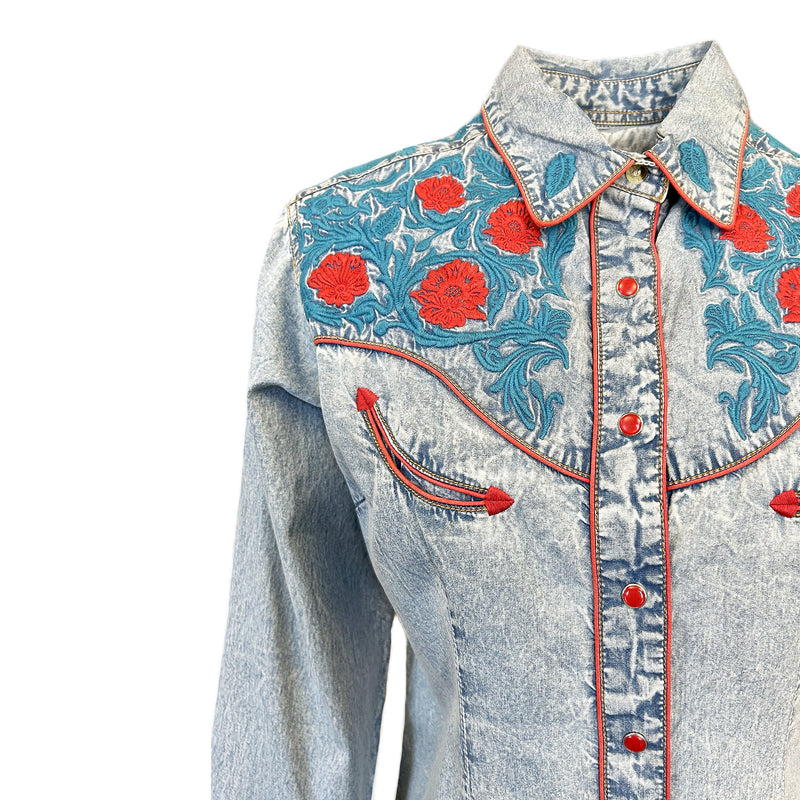Women's Vintage Floral Embroidery Denim Western Shirt