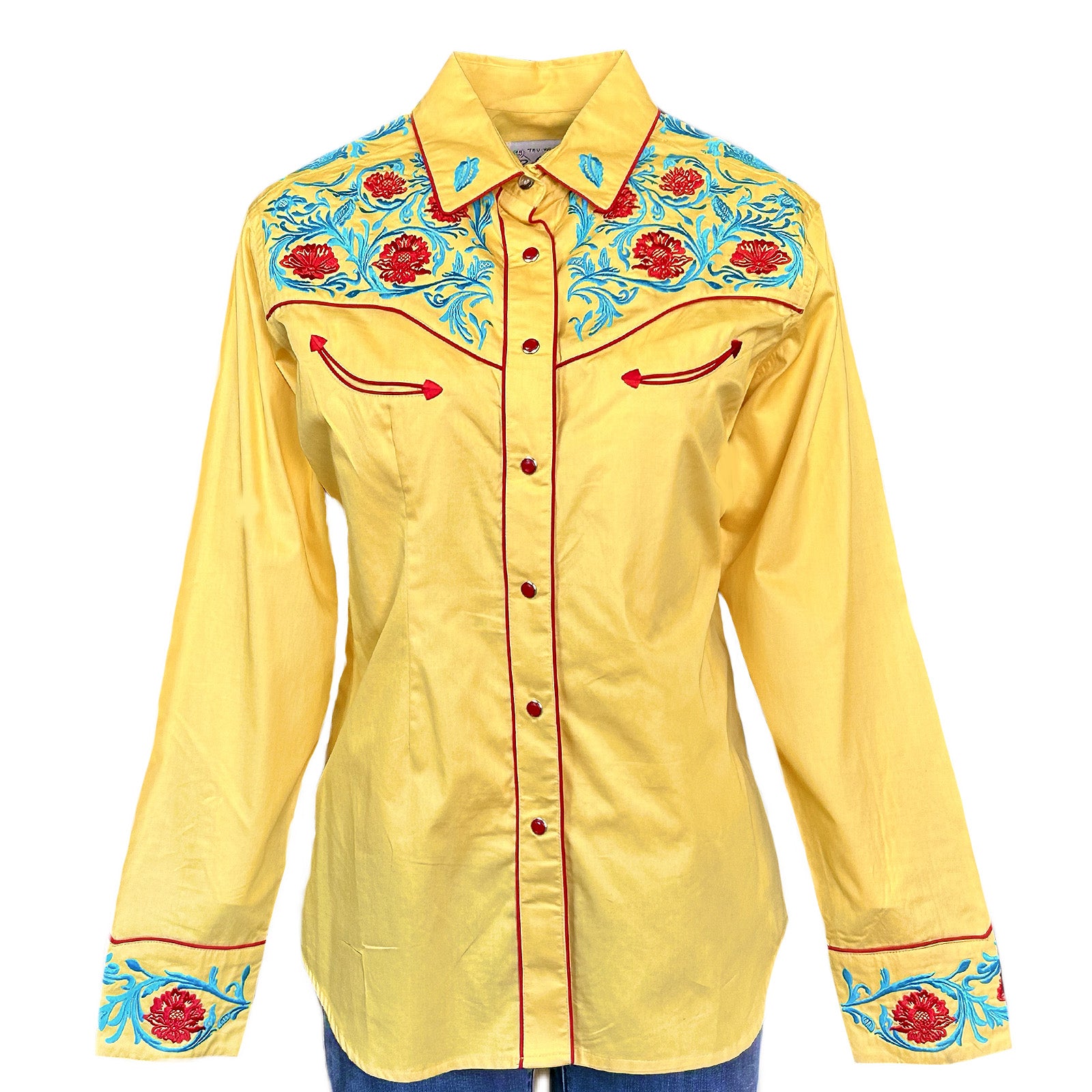 Women's Vintage Floral Embroidery Gold Western Shirt