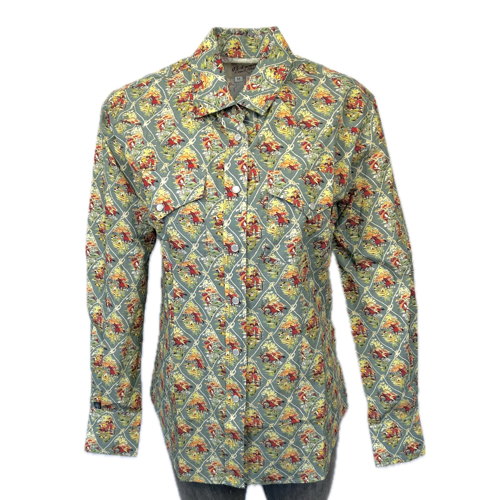 Women's Vintage Blue Riders Print Western Shirt