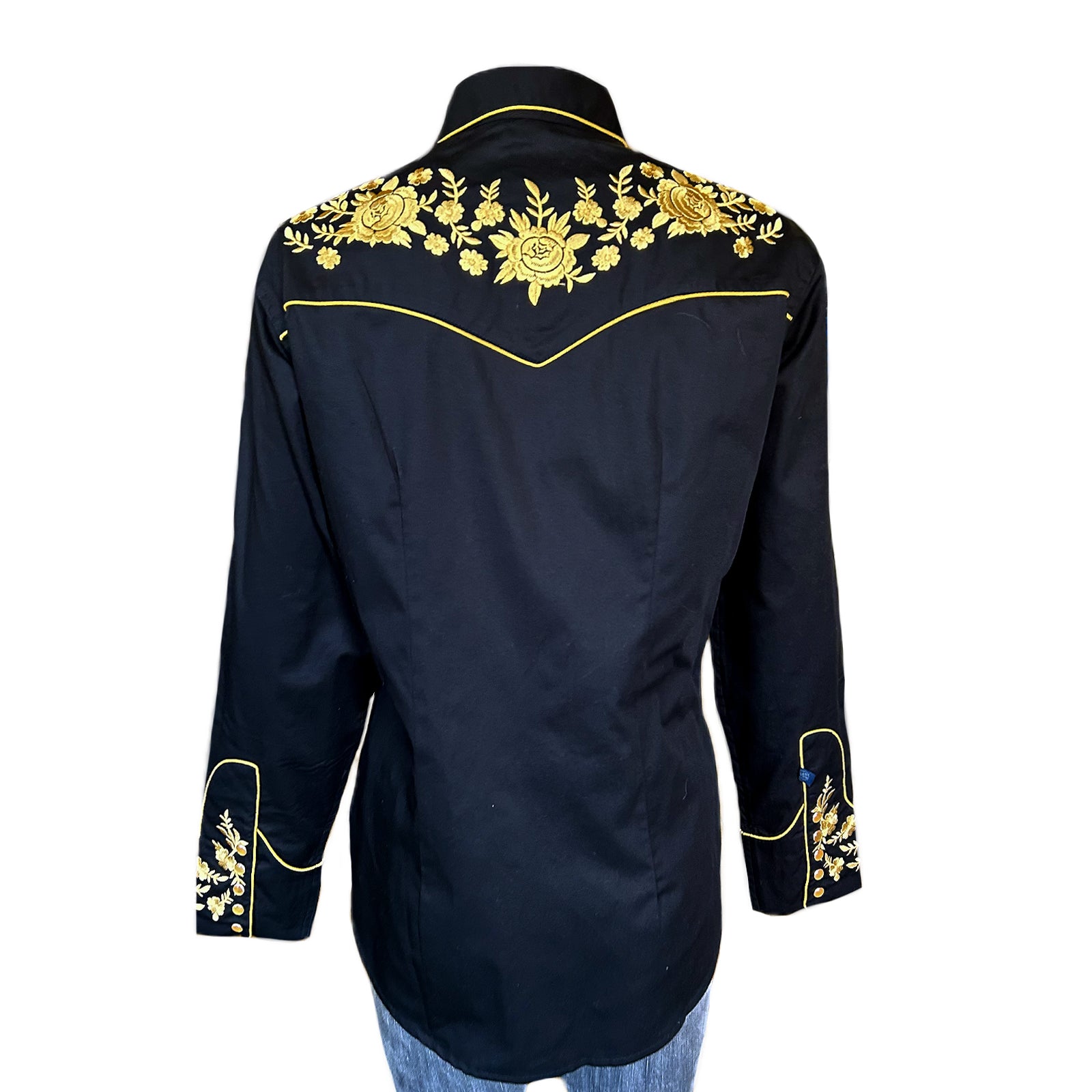 Women's Vintage Cascading Floral Embroidery Black Western Shirt