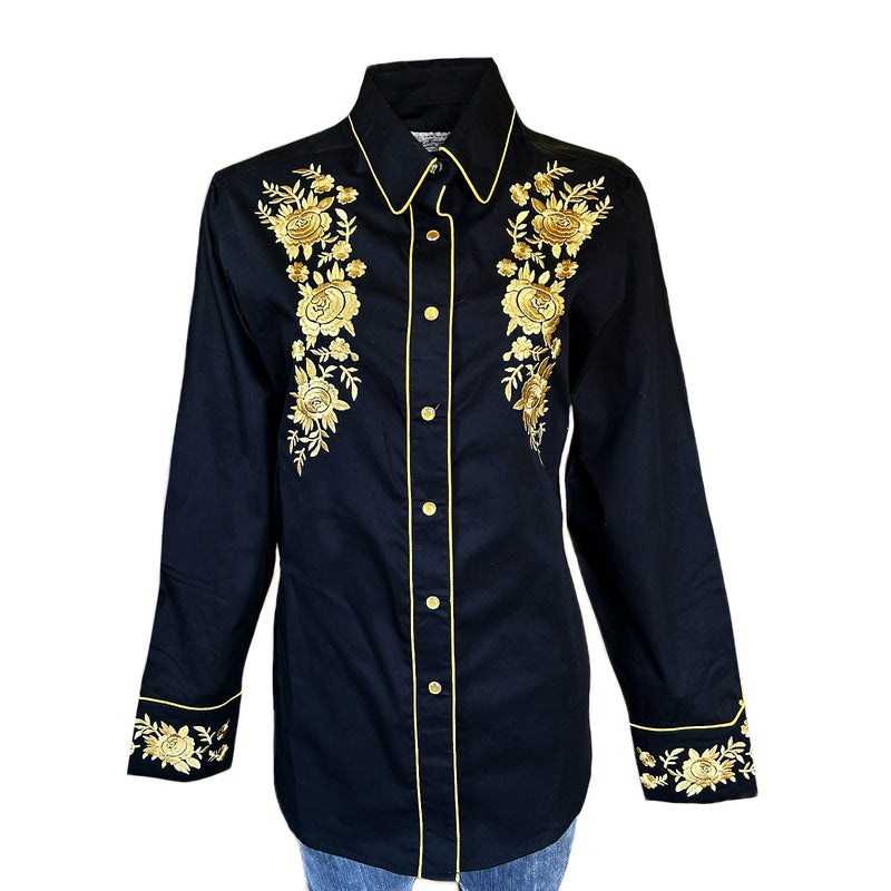 Women's Vintage Cascading Floral Embroidery Black Western Shirt