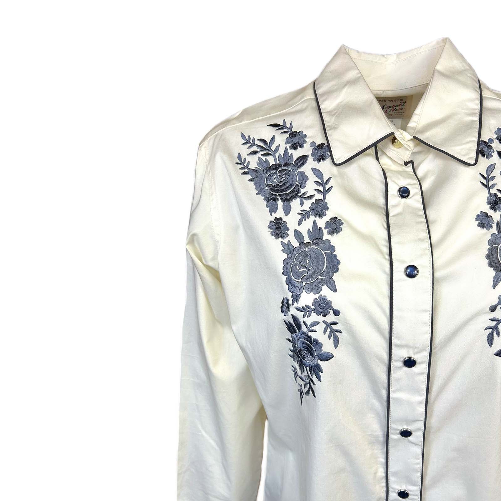 Women's Vintage Cascading Floral Embroidery Ivory Western Shirt