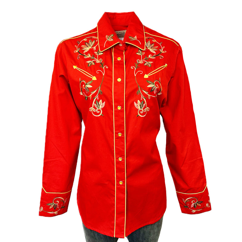 Women's Red Vintage Variegated Floral Embroidery