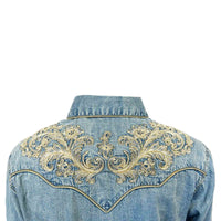 Women’s Vintage Denim Western Shirt with Floral Embroidery