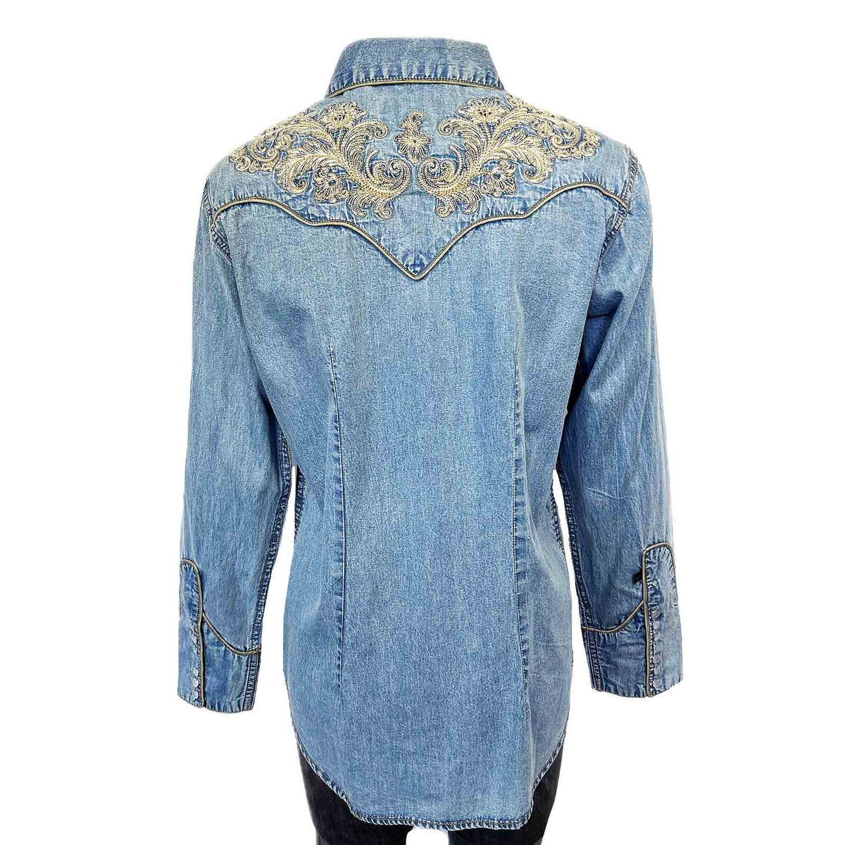 Women’s Vintage Denim Western Shirt with Floral Embroidery