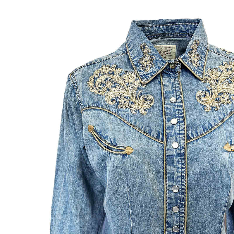 Women’s Vintage Denim Western Shirt with Floral Embroidery