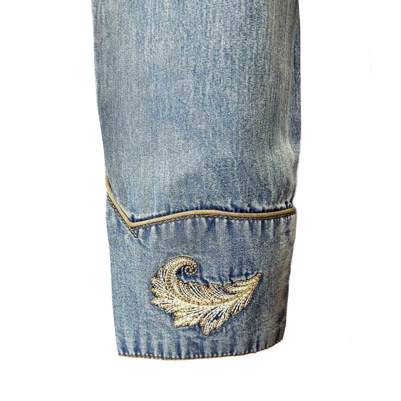 Women’s Vintage Denim Western Shirt with Floral Embroidery