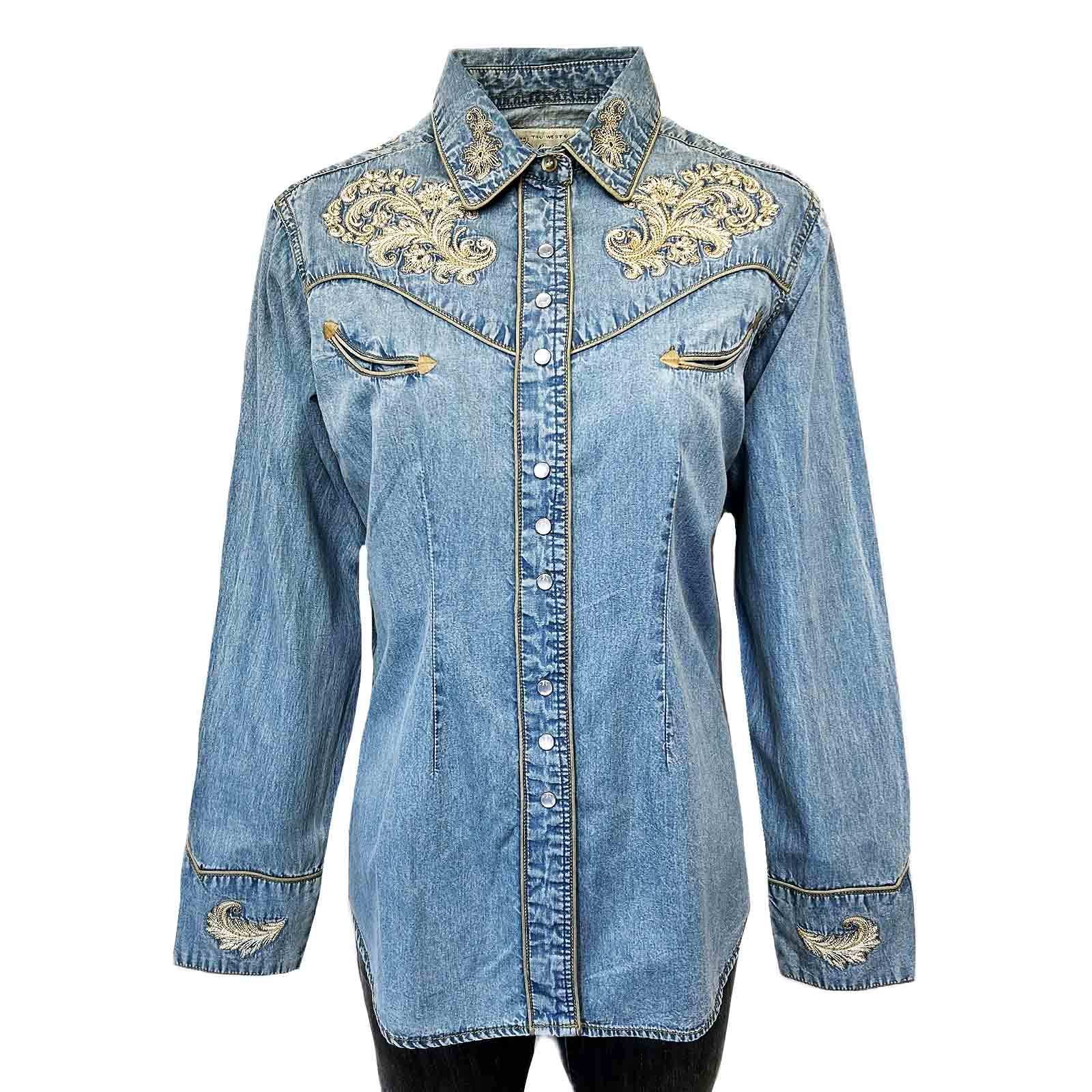 Vintage Collectible sale Western Blue Denim Embroidered Flowers Jean Button Long slee