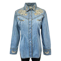 Women’s Vintage Denim Western Shirt with Floral Embroidery