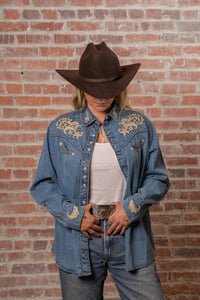 Women's Vintage Denim Western Shirt with Floral Embroidery by Rockmount Ranch Wear, vintage western shirt