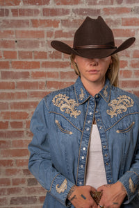 Women's Vintage Denim Western Shirt by Rockmount Ranch Wear with floral embroidered yoke and snaps