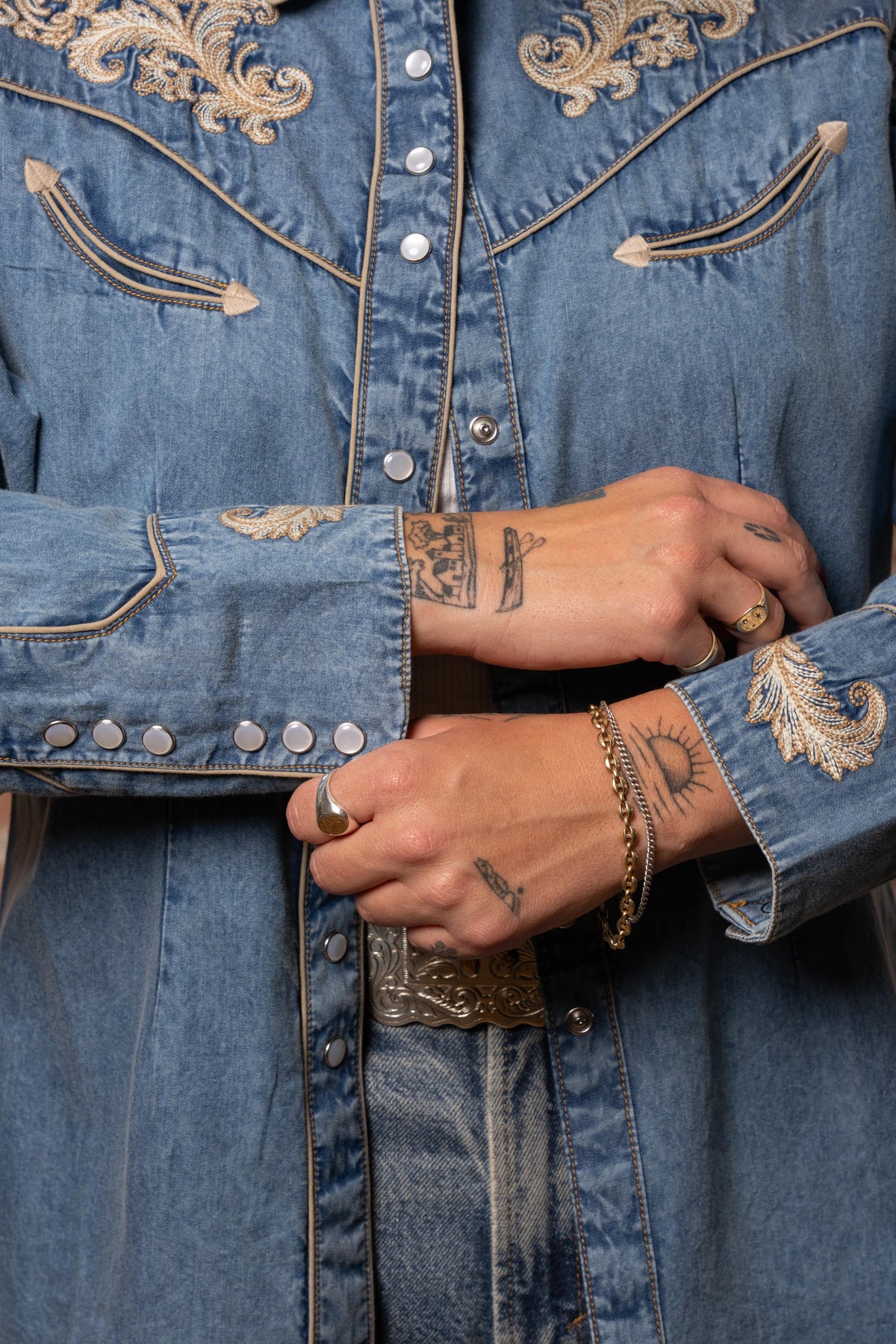 Women’s Vintage Denim Western Shirt with Floral Embroidery