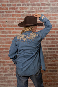 Women's Vintage Denim Western Shirt by Rockmount Ranch Wear with floral embroidered yoke on chambray denim