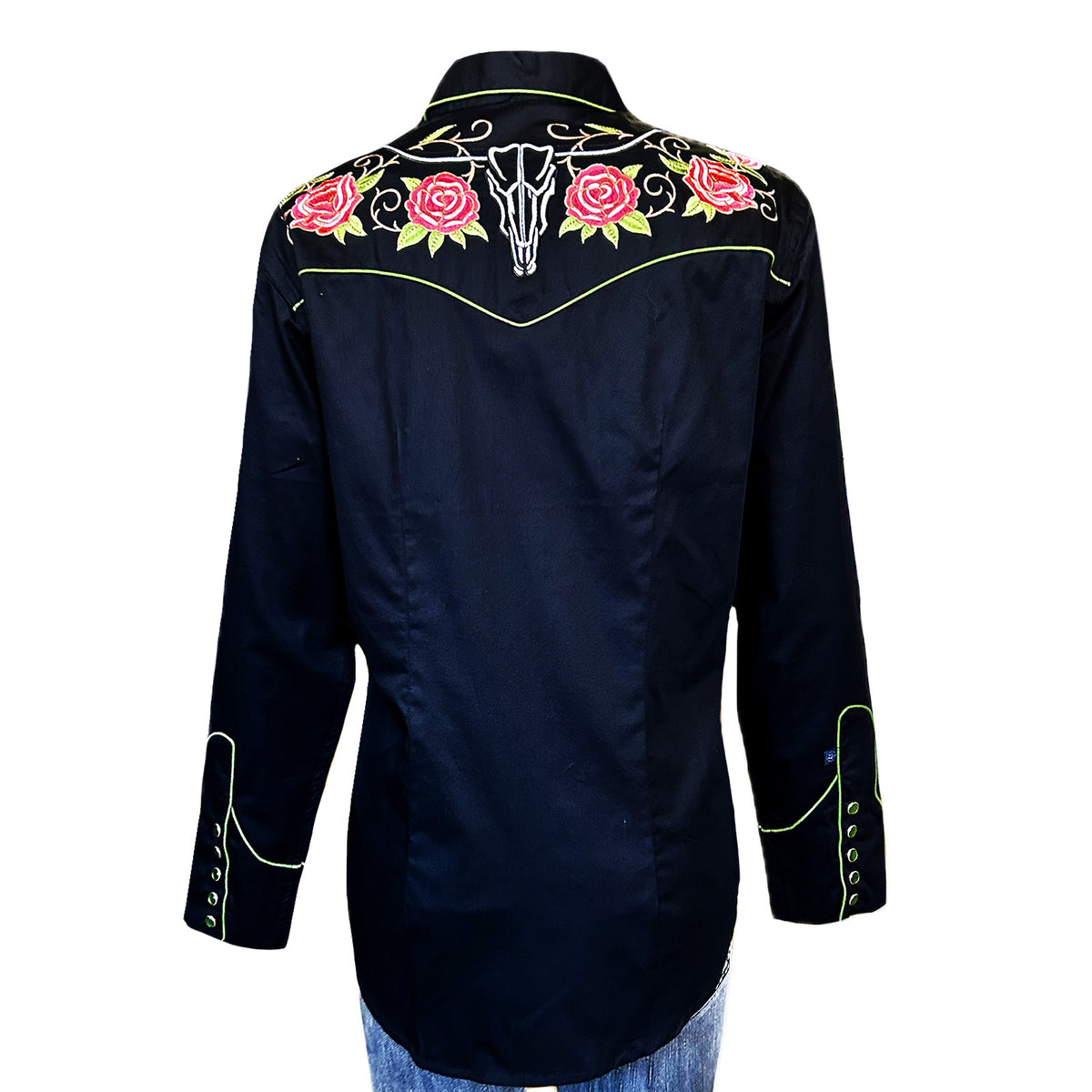 Women's Vinatge Black Steer Longhorn & Floral Embroidered Western Shirt