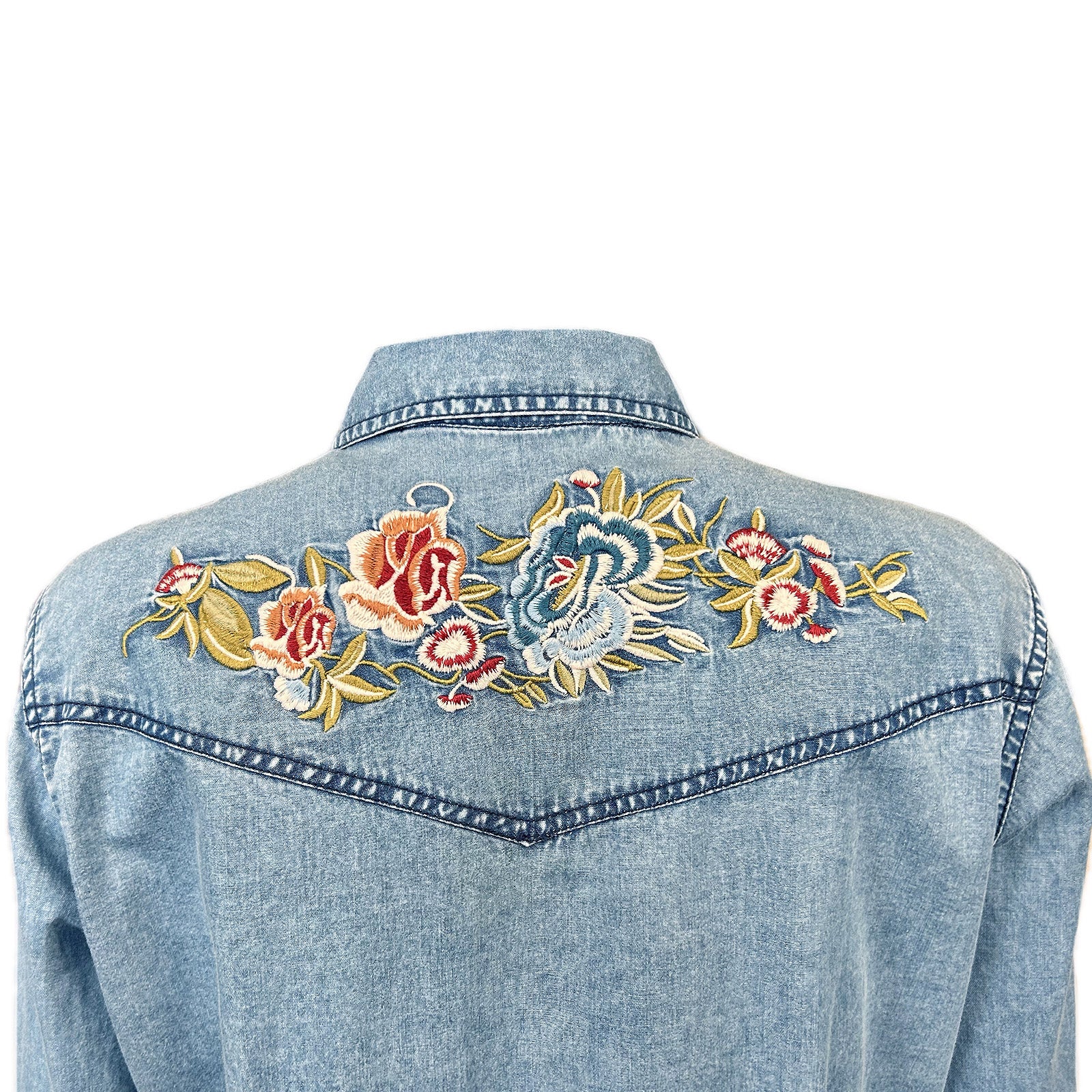 Women's Denim Pink Floral Embroidered Western Shirt