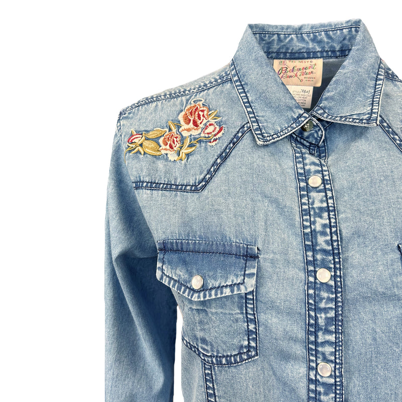 Women's Denim Pink Floral Embroidered Western Shirt