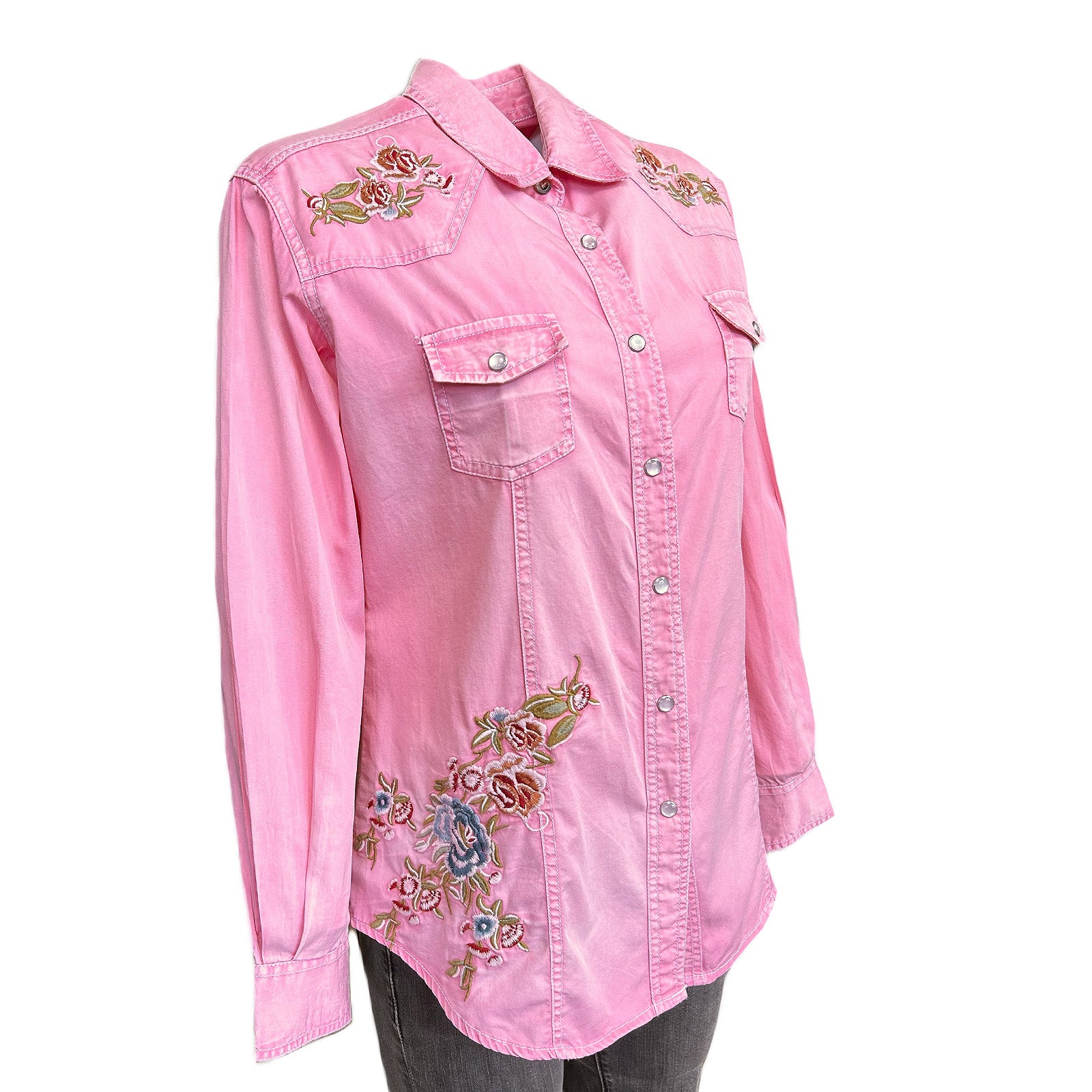pink embroidered shirt