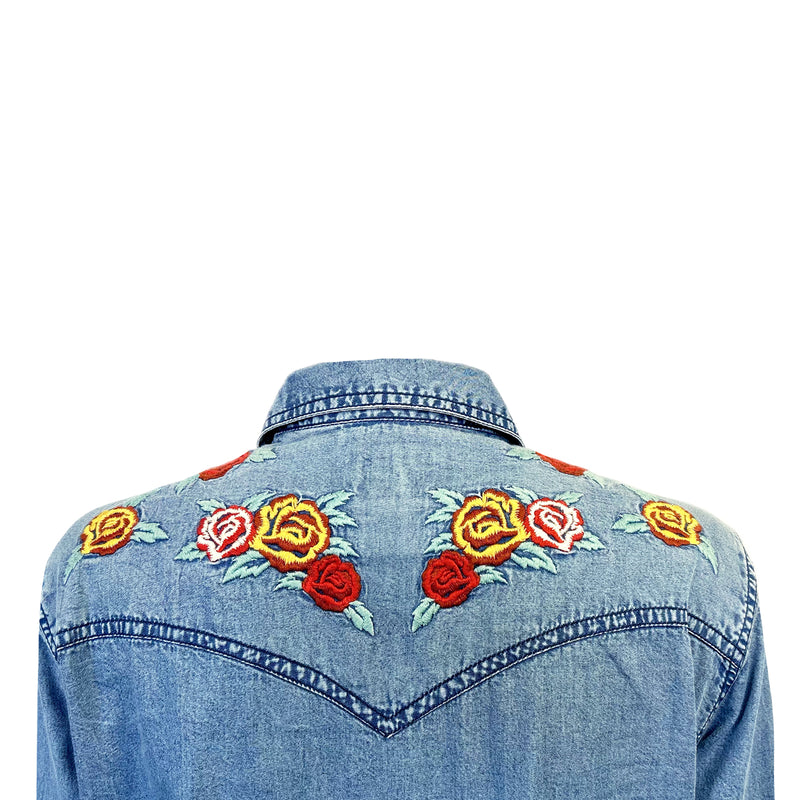 Women's Denim Shirt Dress with Floral Embroidery