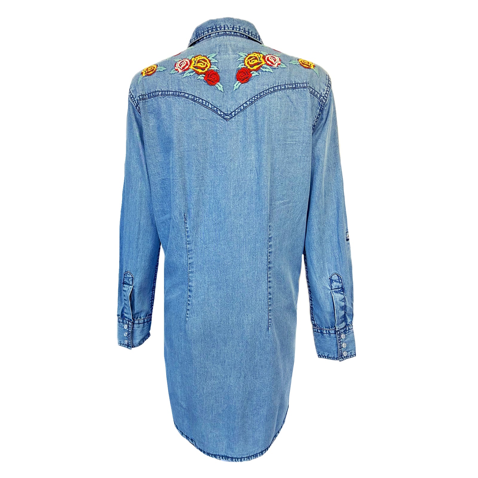 Women's Floral Embroidered Denim Western Shirt Dress