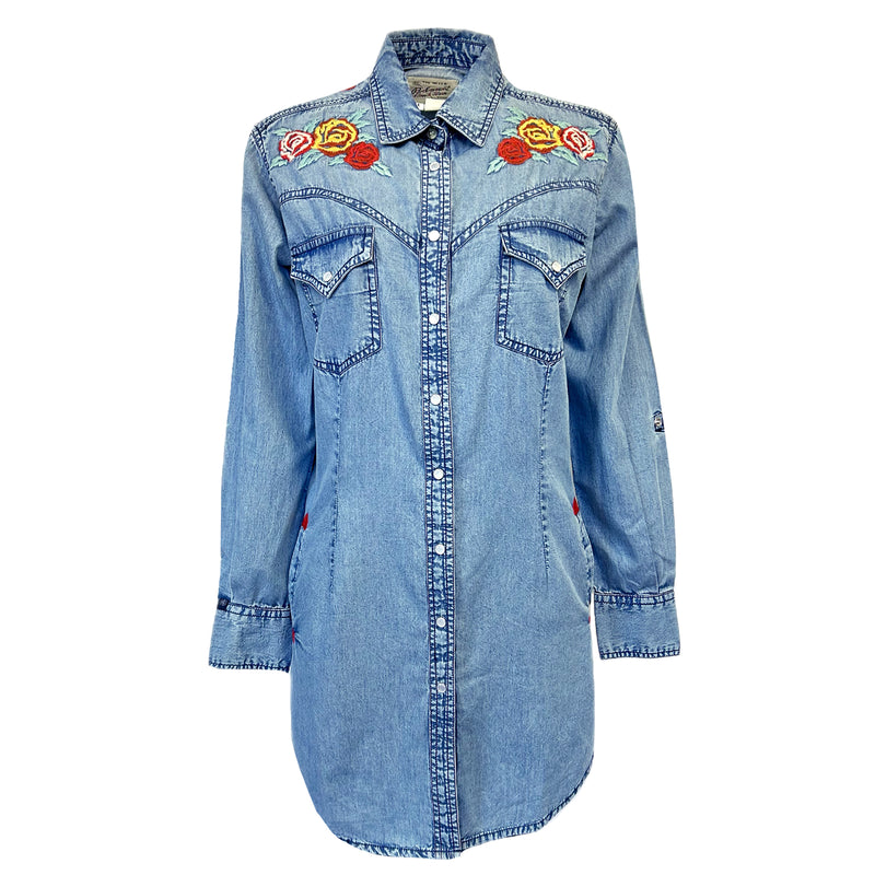 Women's Floral Embroidered Denim Western Shirt Dress