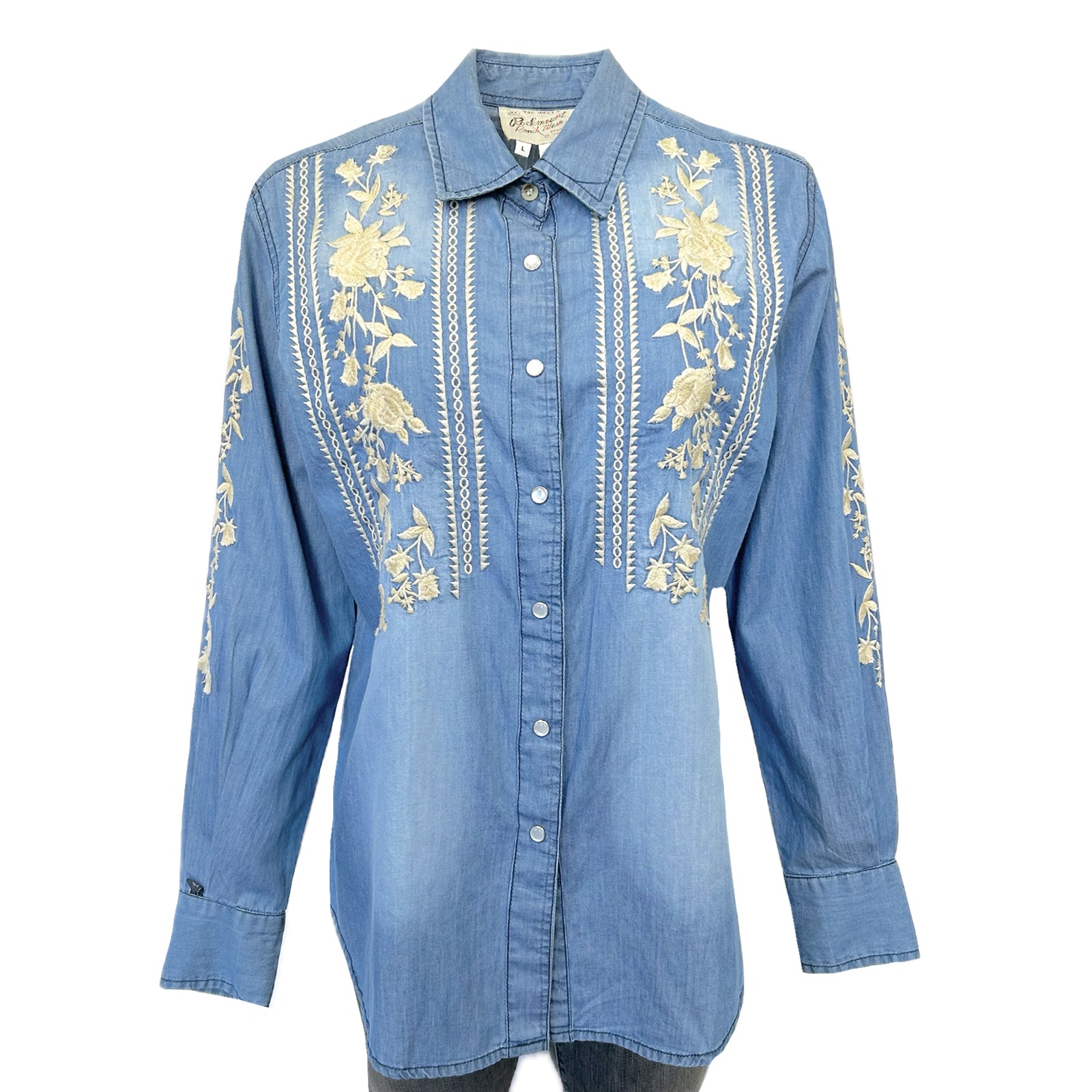 Women s Denim Boho Floral Embroidered Western Shirt