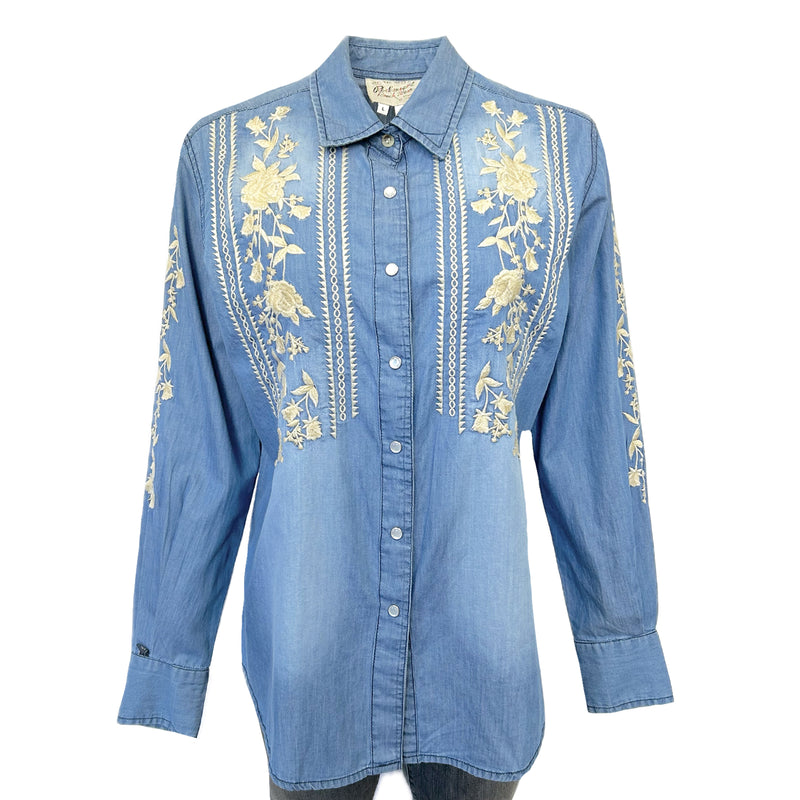 Women's Denim Boho Floral Embroidered Western Shirt