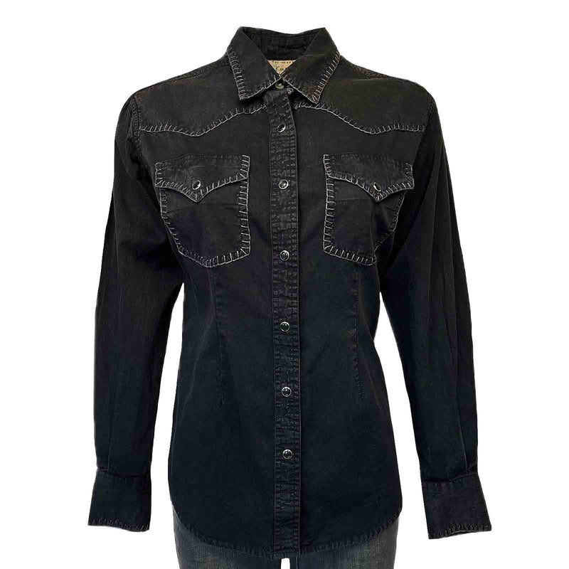 Women's Black Stonewashed Denim Blanket Stitch Western Shirt