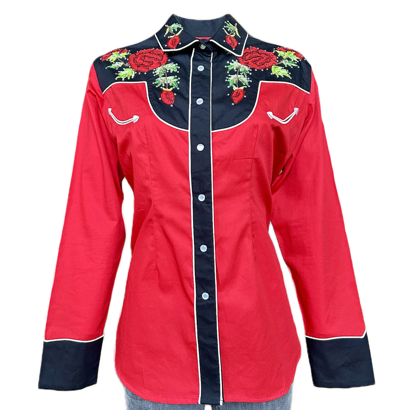Women's Vintage 2-Tone Red Roses Embroidery Western Shirt