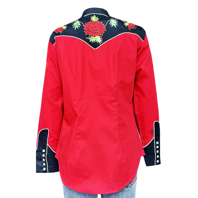 Women's Vintage 2-Tone Red Roses Embroidered Western Shirt