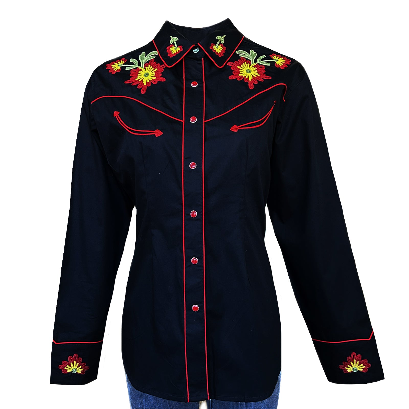 Women's Black Vintage Floral Embroidered Western Shirt