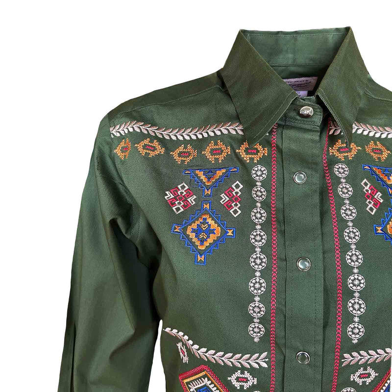 Women’s Green Diamond Pattern Embroidered Western Shirt