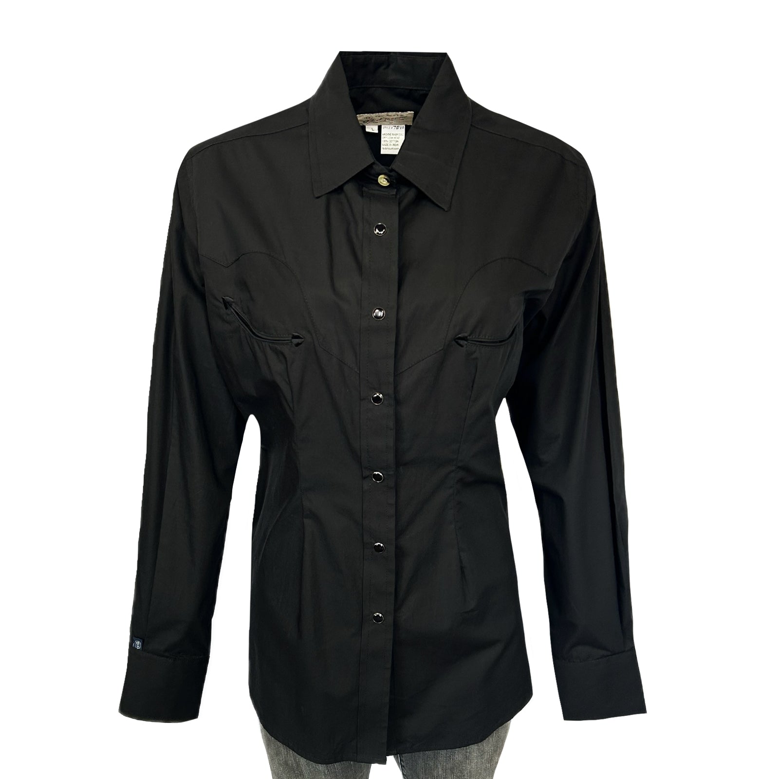 Women's Solid Black 100% Cotton Western Shirt - L Women's Solid Black 100% Cotton Western Shirt - L