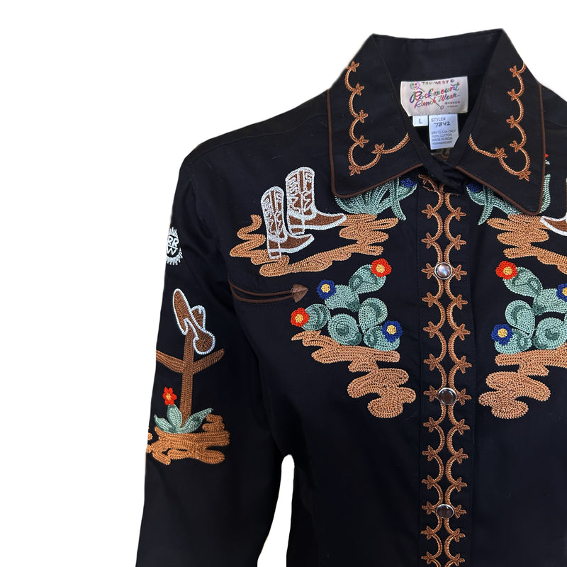 Women's Vintage Cactus & Cowgirl Boots Embroidered Western Shirt in Black