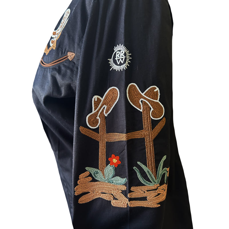 Women's Vintage Cactus & Cowgirl Boots Embroidered Western Shirt in Black