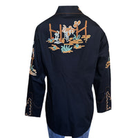 Women's Vintage Cactus & Cowgirl Boots Embroidered Western Shirt in Black