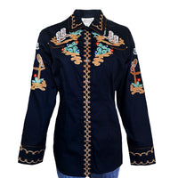 Women's Vintage Cactus & Cowgirl Boots Embroidered Western Shirt in Black