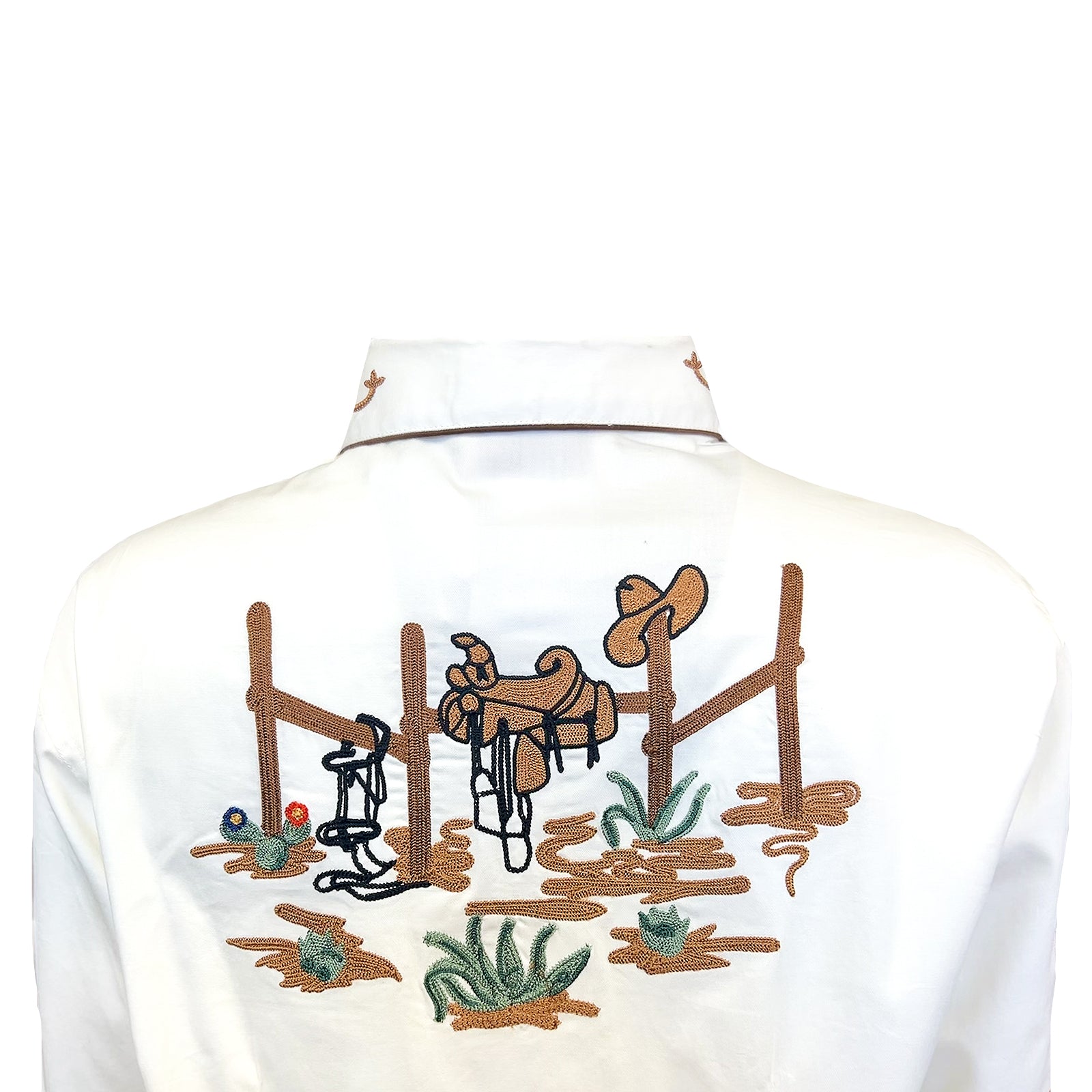 Women's Vintage Cactus & Cowgirl Boots Embroidered Western Shirt in Ivory