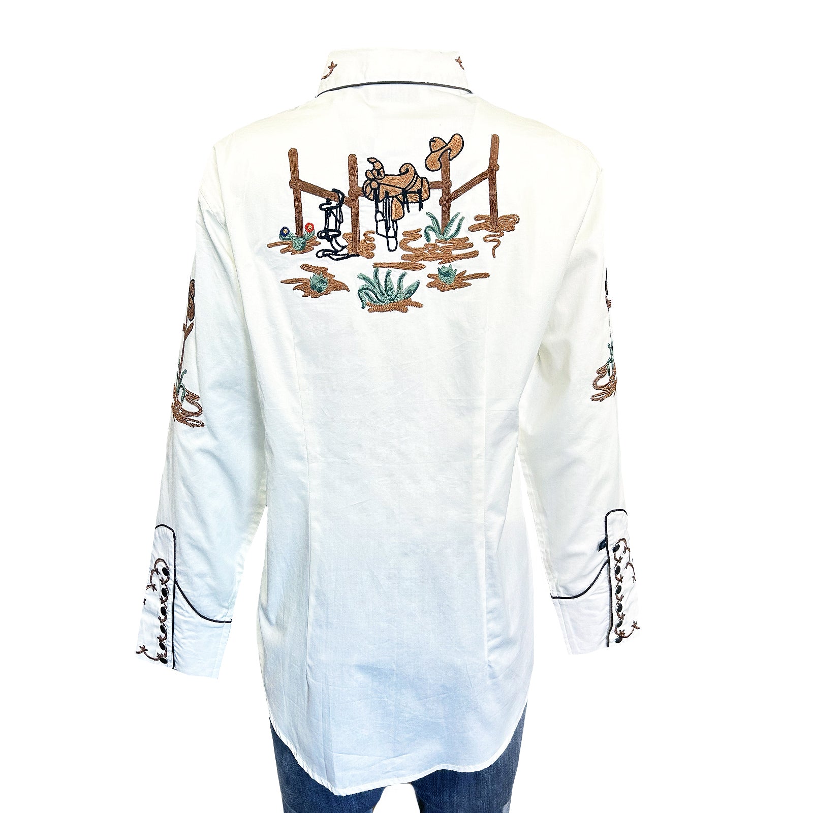 Women's Vintage Ivory Cactus & Cowgirl Boots Embroidered Western Shirt
