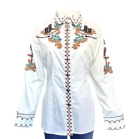 Women's Vintage Ivory Cactus & Cowgirl Boots Embroidered Western Shirt