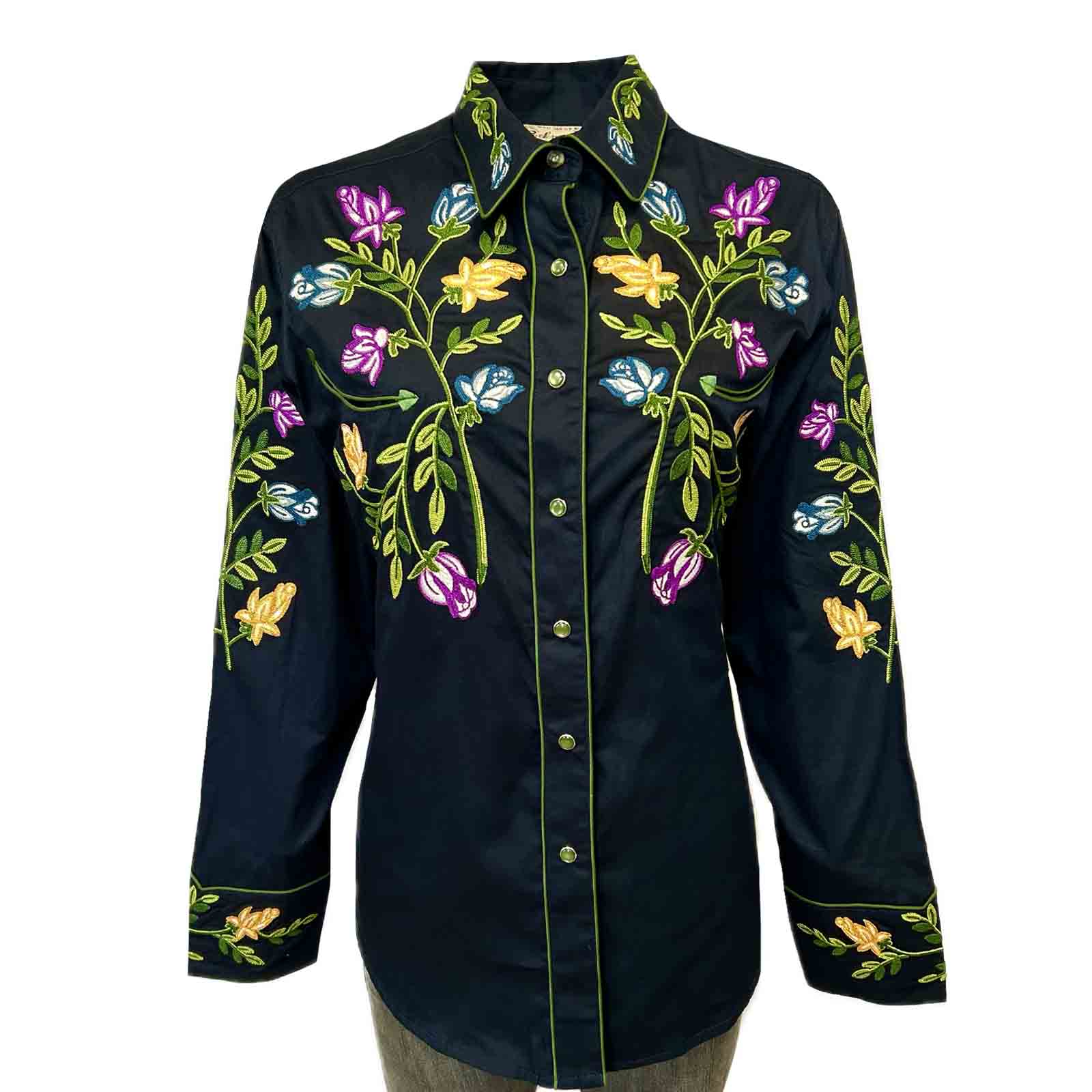 Women s Vintage Navy Floral Crochet Embroidered Western Shirt Xs