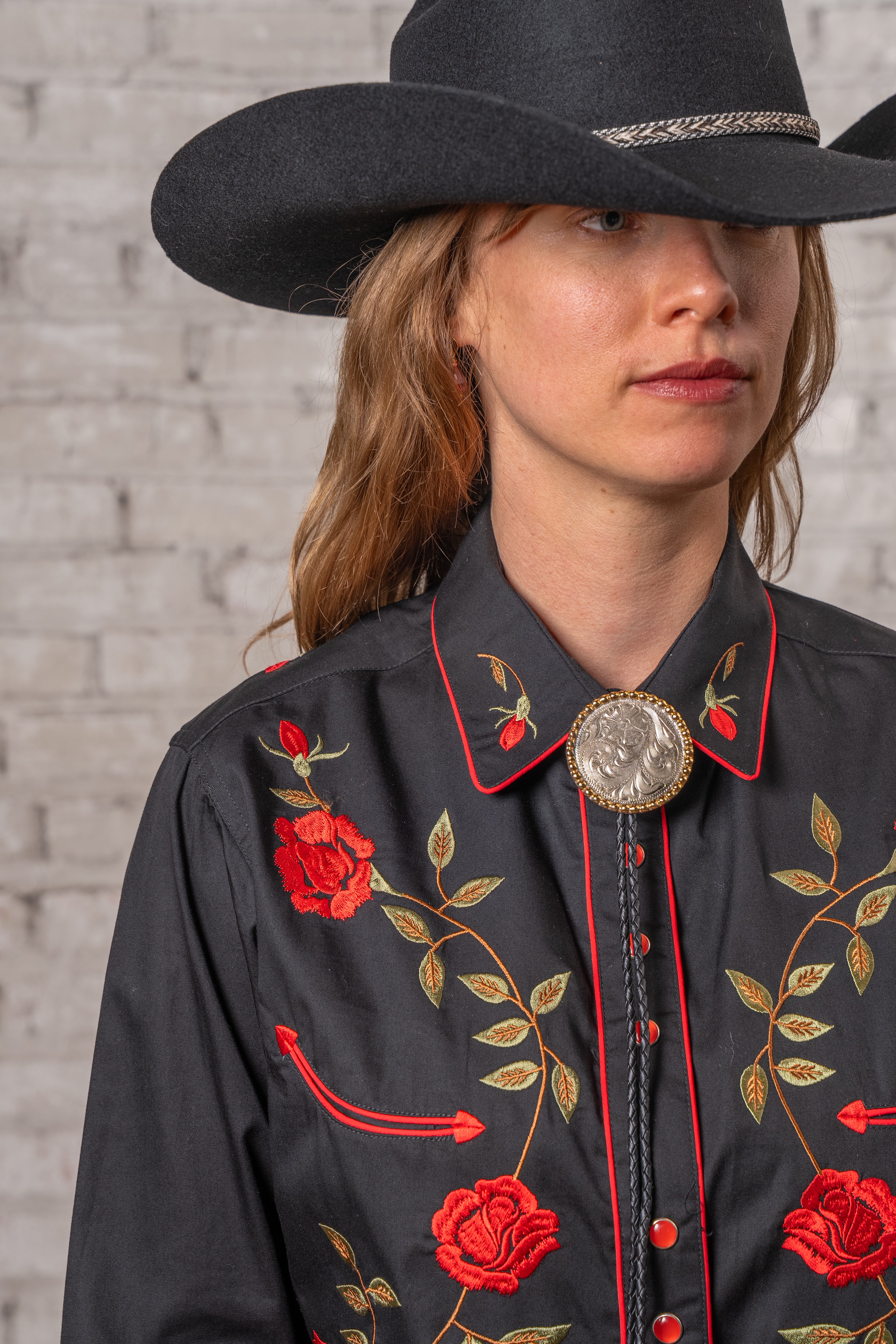 70s Rockmount ウエスタンシャツ ローズ柄プリント 15.5 Rockmount Women's Vintage Black Roses Embroidered Western Shirt