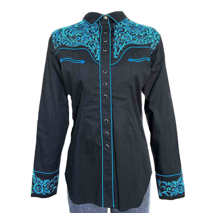 Rockmount Men's Floral Tooling Black & Turquoise Western Shirt