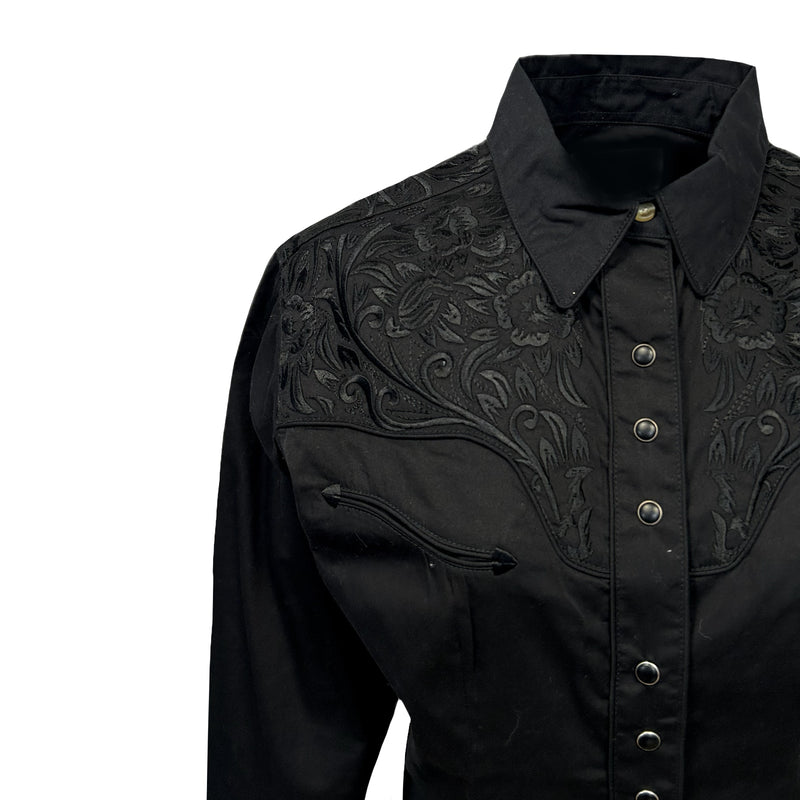 womens dress shirt black Women's Vintage Black-on-Black Tooling Embroidered Western Shirt